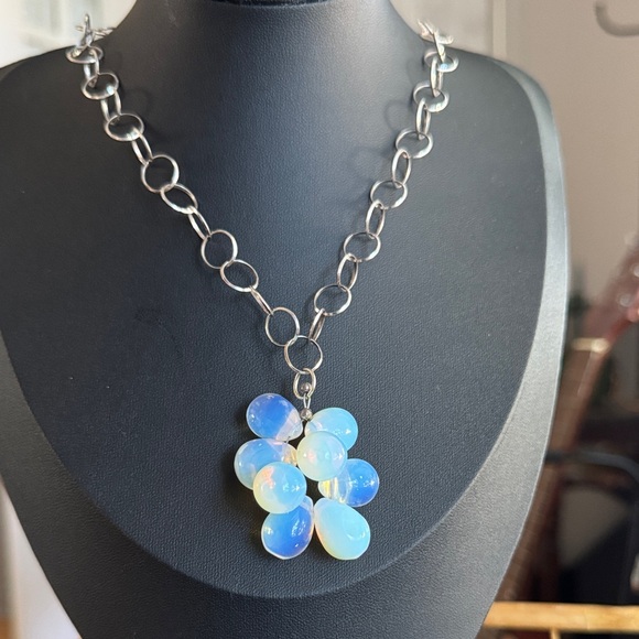 Jewelry - Sterling Silver Statement Necklace with Opalescent Opaline Glass Bead Pendant